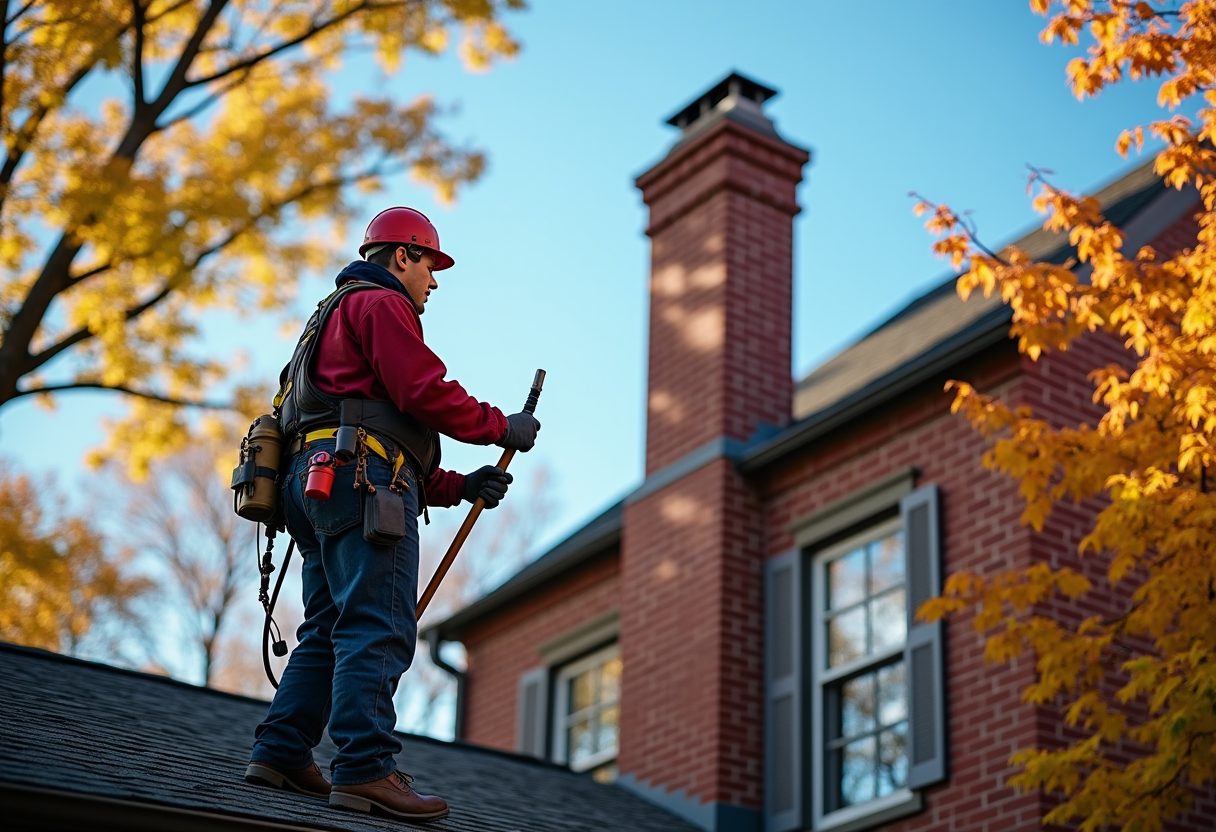 Chimney sweep on the roof of a brick colonial home — Everett
