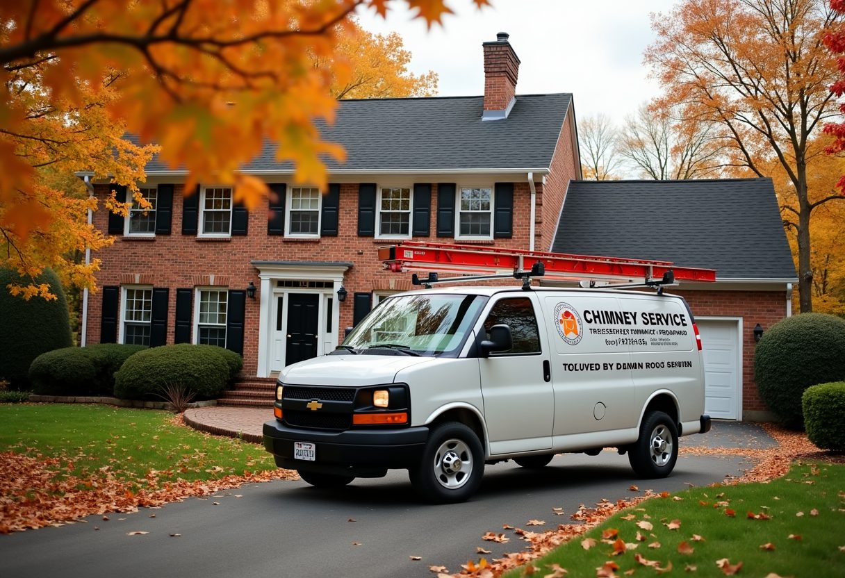 Chimney service van in a colonial home driveway — Everett